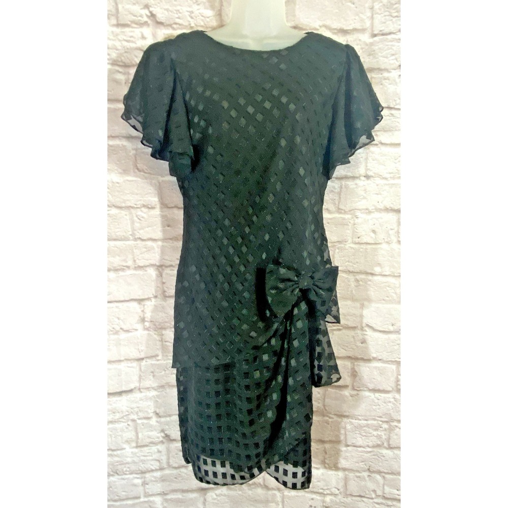 Patra Vintage Drop Waist Big Bow Black Shimmer Dress Size 10 Madonna 80s Costume